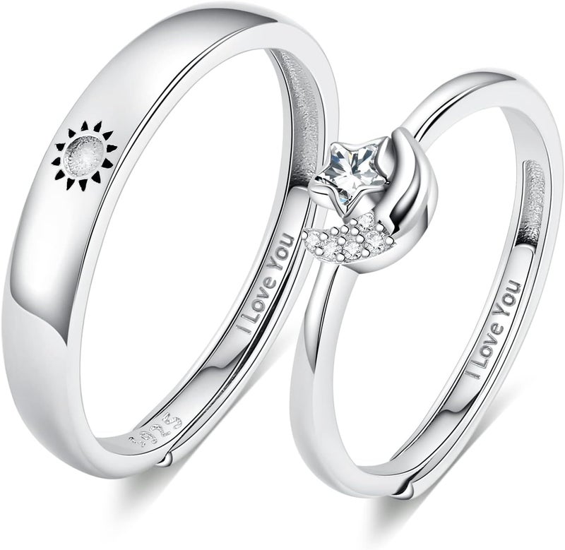 Beydodo خواتم فضة 925 قابلة للتعديل مزينة بالشمس والقمر خواتم متطابقة محفورة أحبك خواتم زفاف للزوجين - Image 1